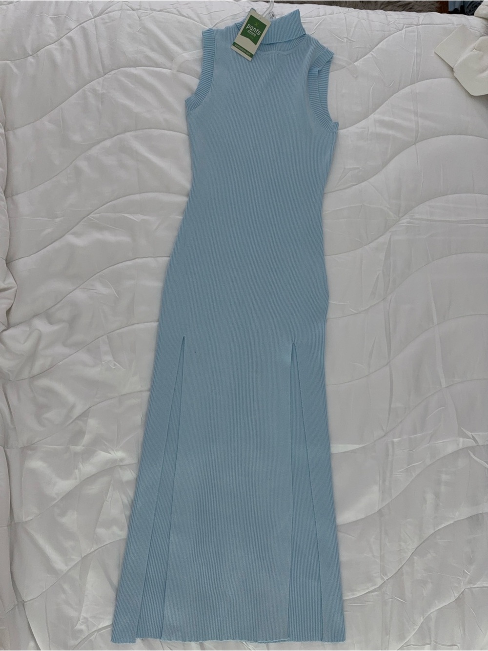 Sleeveless Sky Blue Ribbed Maxi Dress with High Neck